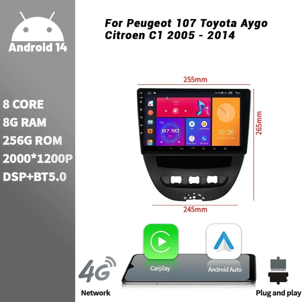 Автомобильный радиоприемник для Peugeot 107 Toyota Aygo Citroen C1 2005-2014 Мультимедийный плеер Android Bluetooth Беспроводной сенсорный экран CarPlay
Автомобильный радиоприемник для Peugeot 107 Toyota Aygo Citroen C1 2005-2014 Мультимедийный плеер Android Bluetooth Беспроводной сенсорный экран CarPlay