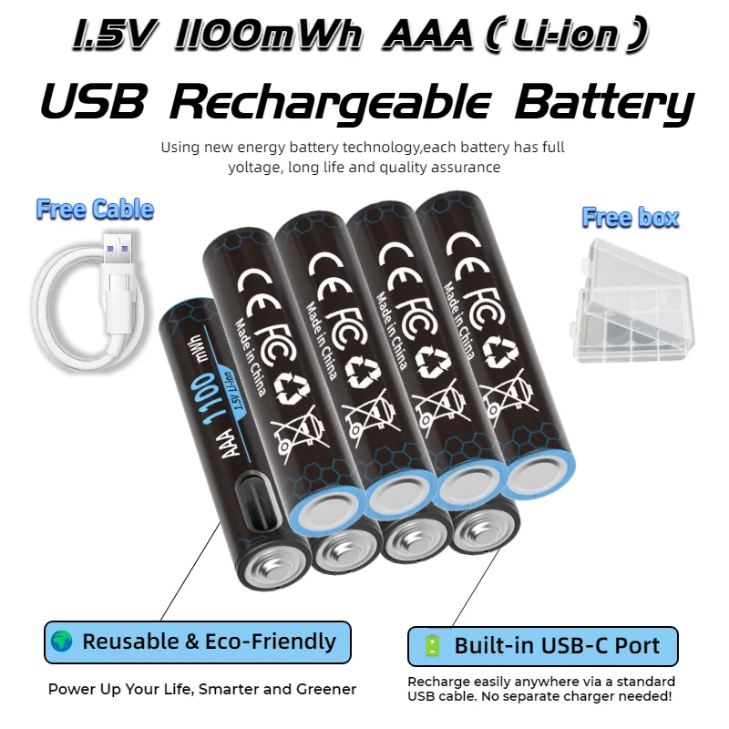 1.5V AAA Rechargeable Batteries Pack with USB-C Cable, 733mAh Li-ion Battery for Toys, RC Car, Remote Control, Mouse, Keyboard
1.5V AAA Rechargeable Batteries Pack with USB-C Cable, 733mAh Li-ion Battery for Toys, RC Car, Remote Control, Mouse, Keyboard