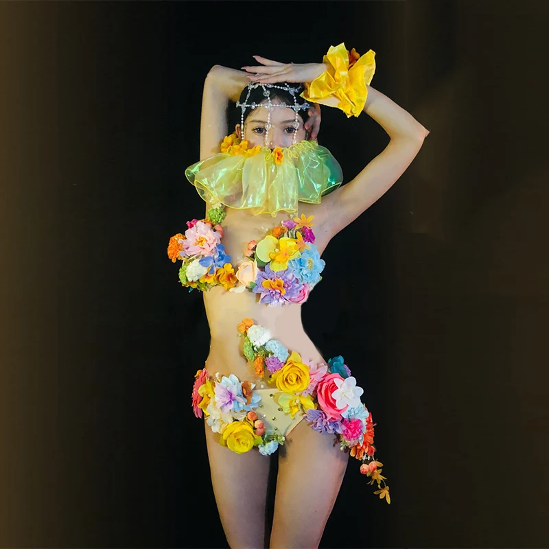 Sexy Flower Bikini Nightclub Gogo Dance Outfit Rinestone Headwear Rave Festival Clothing Female Bar Pole Dance Clothes
Sexy Flower Bikini Nightclub Gogo Dance Outfit Rinestone Headwear Rave Festival Clothing Female Bar Pole Dance Clothes