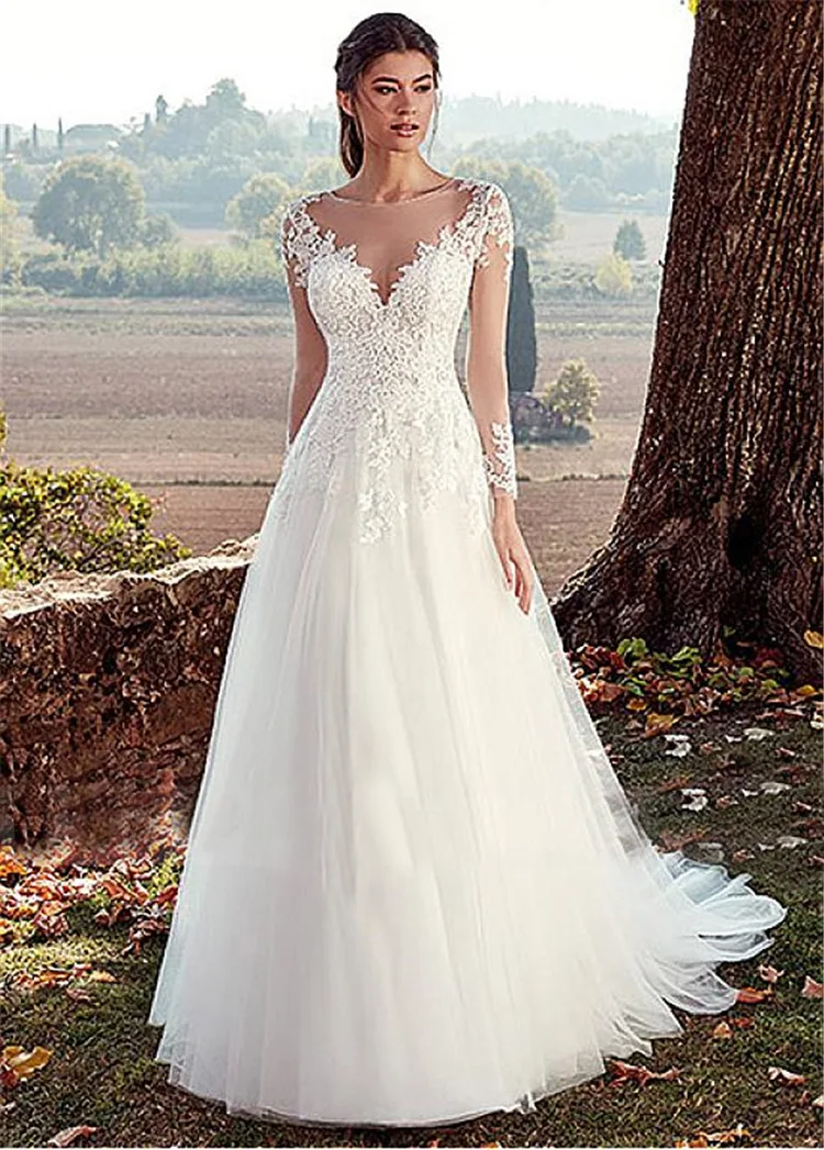 VENSANAC Illusion O Neck Tulle A Line Wedding Dresses Lace Appliques Long Sleeve Sweep Train Bridal Gown
VENSANAC Illusion O Neck Tulle A Line Wedding Dresses Lace Appliques Long Sleeve Sweep Train Bridal Gown