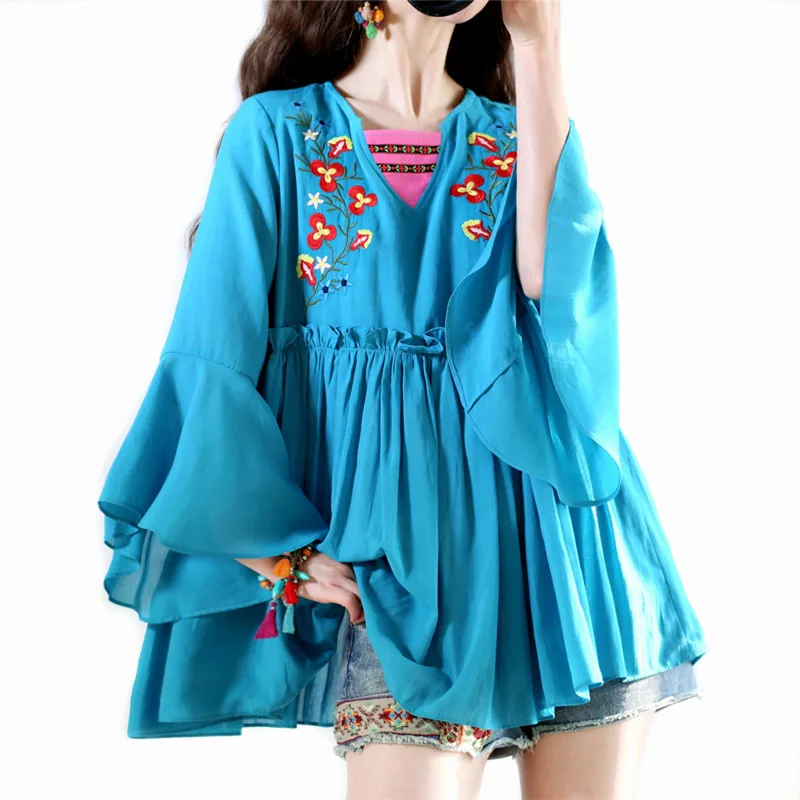 106cmBust SpringSummer Blue Blouses Tops Women Elegant Vacation Style Ethnic Embroidery V-Neck Flare Sleeve KoreanFashion Shirts
106cmBust SpringSummer Blue Blouses Tops Women Elegant Vacation Style Ethnic Embroidery V-Neck Flare Sleeve KoreanFashion Shirts