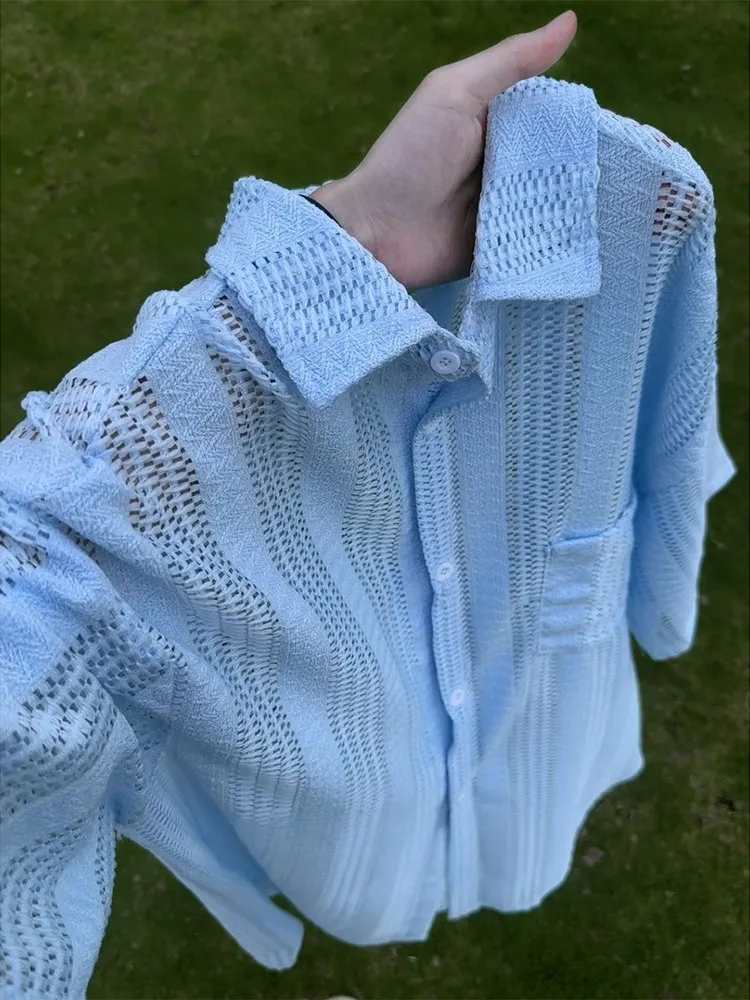 Blue Mesh Texture Men's Short Sleeve Shirt Lightweight Breathable Design Summer Sun Protection Casual Style Loose Fit Shirt
Blue Mesh Texture Men's Short Sleeve Shirt Lightweight Breathable Design Summer Sun Protection Casual Style Loose Fit Shirt