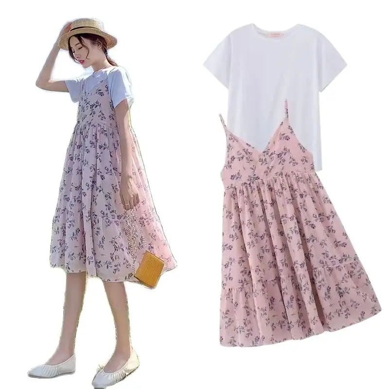 Pregnant Women Summer Floral Dress Suits Short Sleeve Cotton Top+Strap Chiffon Dress Twinset Plus Size Maternity Clothes Sets
Pregnant Women Summer Floral Dress Suits Short Sleeve Cotton Top+Strap Chiffon Dress Twinset Plus Size Maternity Clothes Sets