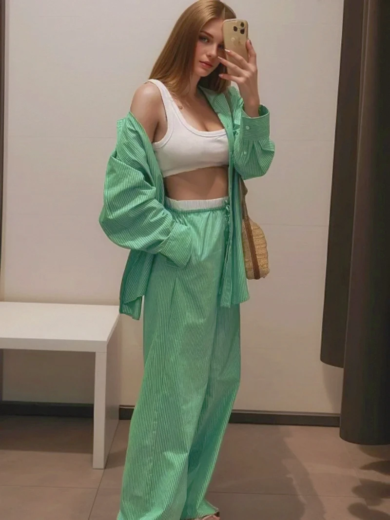 Fashion Women Striped Shirts Pants Sets New Summer Women Button Long Shirt Set Woman 2 Pieces Elastic Waist Pants Women Outfit
Fashion Women Striped Shirts Pants Sets New Summer Women Button Long Shirt Set Woman 2 Pieces Elastic Waist Pants Women Outfit