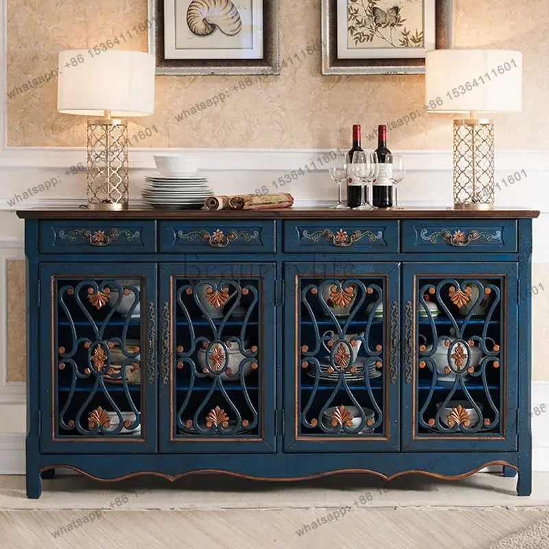 56European and American luxury dining side cabinet solid wood retro blue hollow entrance decorative cabinet
56European and American luxury dining side cabinet solid wood retro blue hollow entrance decorative cabinet