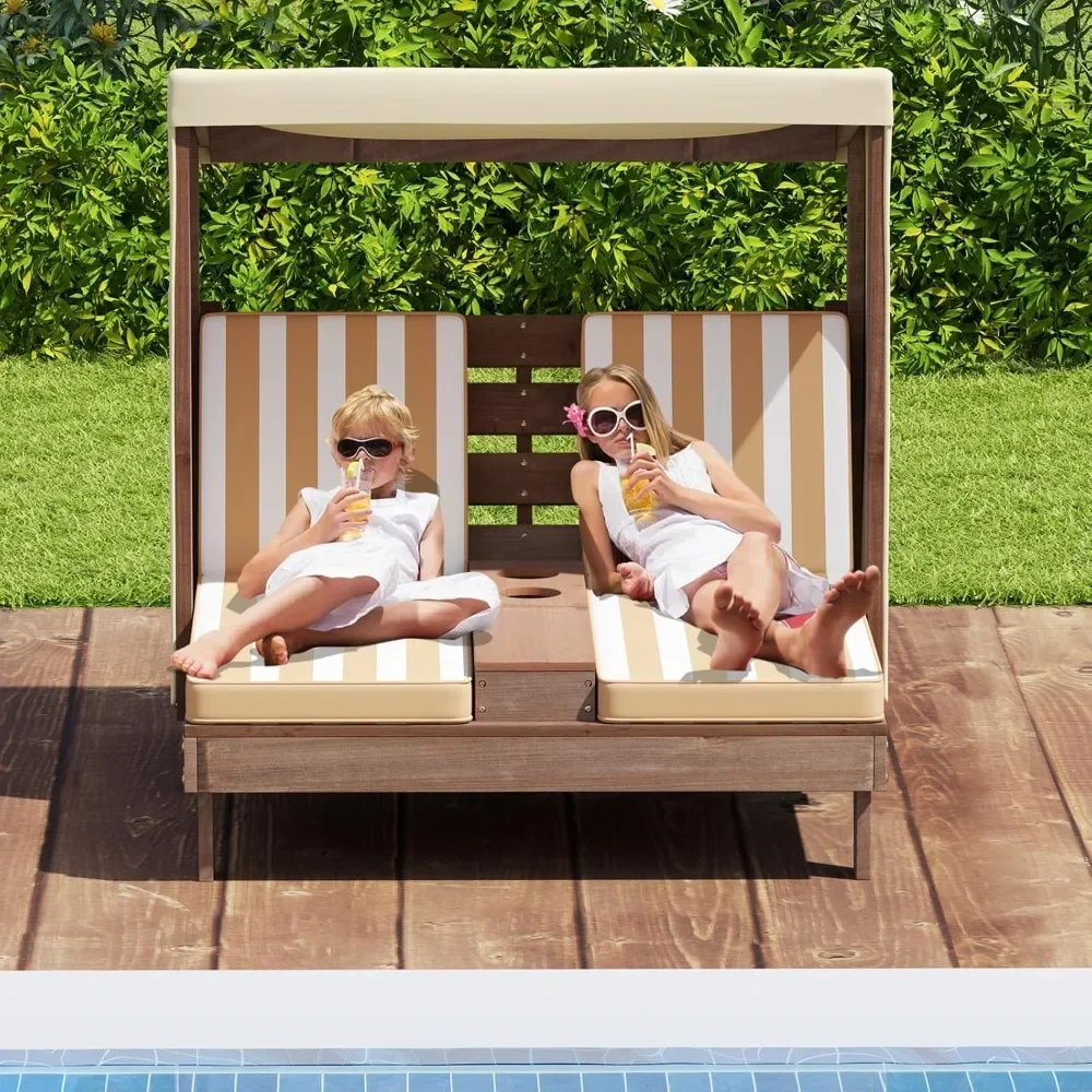 Wood Double Seat Chaise Lounge with Canopy, Cup Holders, Cushion, Backrest Recliner, Kids Lounge Chair Outdoor.
Wood Double Seat Chaise Lounge with Canopy, Cup Holders, Cushion, Backrest Recliner, Kids Lounge Chair Outdoor.