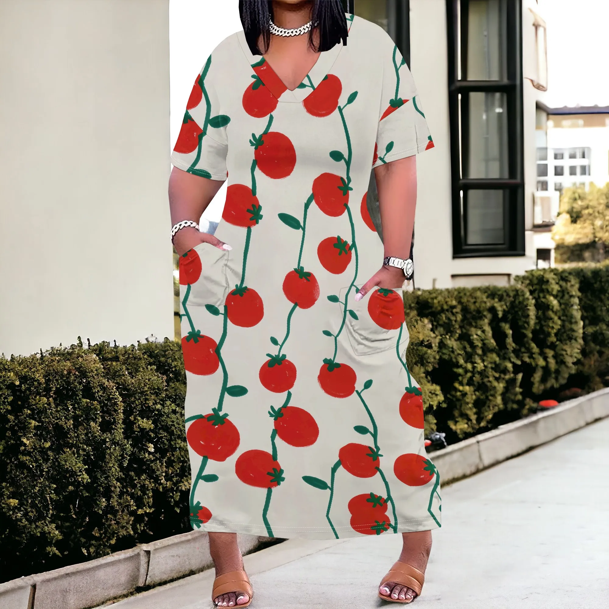 Plus Size Tomato Print V-Neck Maxi Dress 2025 New Arrival, Casual & Summer Wear, XL-6XL
Plus Size Tomato Print V-Neck Maxi Dress 2025 New Arrival, Casual & Summer Wear, XL-6XL