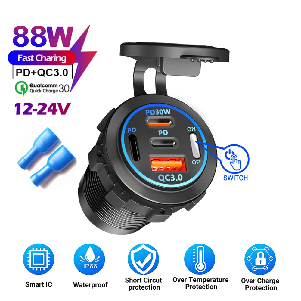 PD30W + QC3.0 USB Type C Зарядное устройство для телефона 4 порта 88 Вт Розетка для быстрой зарядки с переключателем Водонепроницаемая для автомобиля 12 В-24 В Автобус Грузовик RV
PD30W + QC3.0 USB Type C Зарядное устройство для телефона 4 порта 88 Вт Розетка для быстрой зарядки с переключателем Водонепроницаемая для автомобиля 12 В-24 В Автобус Грузовик RV