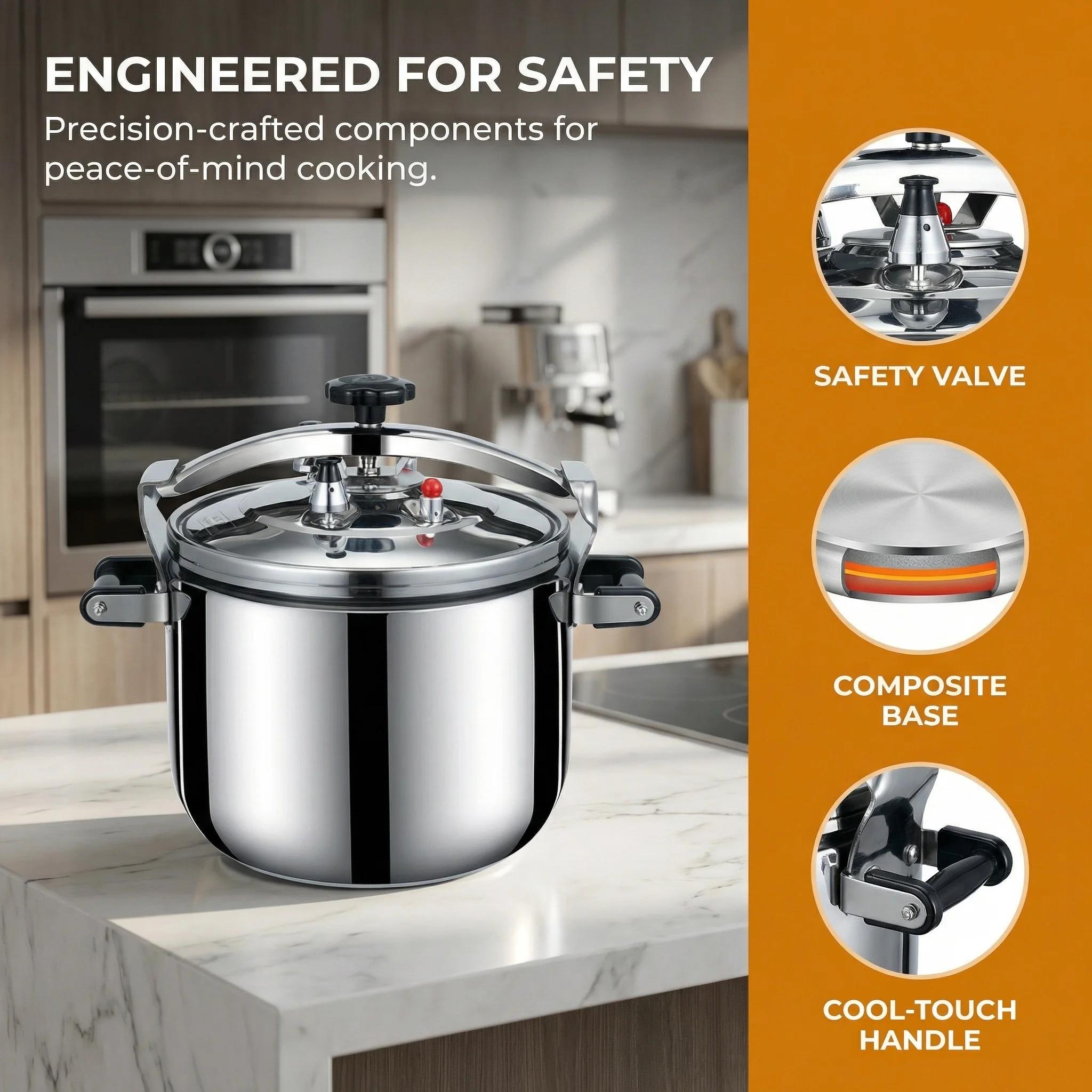 Large Stainless Steel Pressure Cooker, 80KPA Fast Cooking & Easy Use with Multi-Safety Valve for Family Kitchens.
Large Stainless Steel Pressure Cooker, 80KPA Fast Cooking & Easy Use with Multi-Safety Valve for Family Kitchens.
