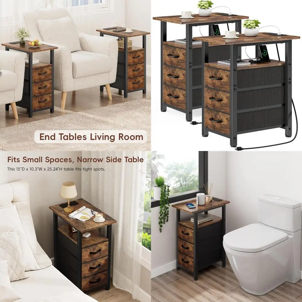 Double Nightstand Set with USB Charging and Outlets, Slim Storage Drawers, Rustic Brown Finish
Double Nightstand Set with USB Charging and Outlets, Slim Storage Drawers, Rustic Brown Finish