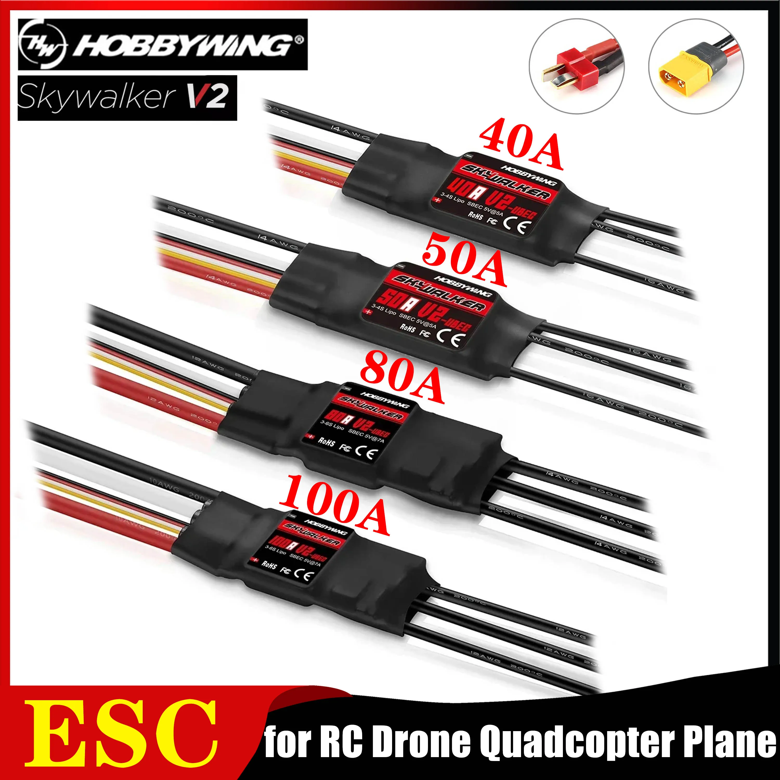 HOBBYWING Skywalker V2 Series 40A 50A 80A 100A Бесщеточный регулятор скорости ESC T/XT60 для радиоуправляемого дрона, квадрокоптера, самолета
HOBBYWING Skywalker V2 Series 40A 50A 80A 100A Бесщеточный регулятор скорости ESC T/XT60 для радиоуправляемого дрона, квадрокоптера, самолета