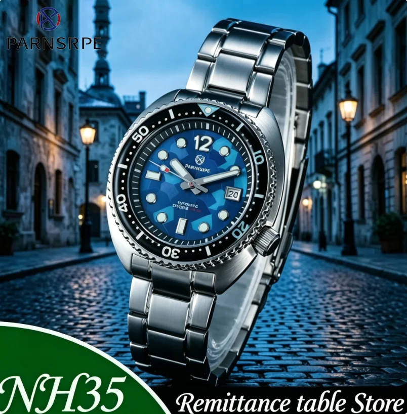 Parnsrpe men's automatic mechanical watch Japan NH35A movement 45mm stainless steel case trap blue dial sapphire crystal watch.
Parnsrpe men's automatic mechanical watch Japan NH35A movement 45mm stainless steel case trap blue dial sapphire crystal watch.