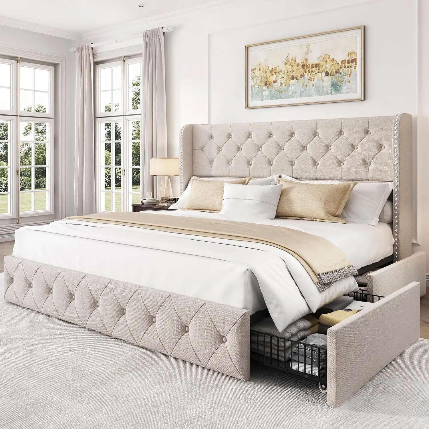 King Size Bed Frame with 4 Storage Drawers and Tufted Headboard Linen Upholstered Platform Bed Frame Wingback Beds with Wooden S
King Size Bed Frame with 4 Storage Drawers and Tufted Headboard Linen Upholstered Platform Bed Frame Wingback Beds with Wooden S