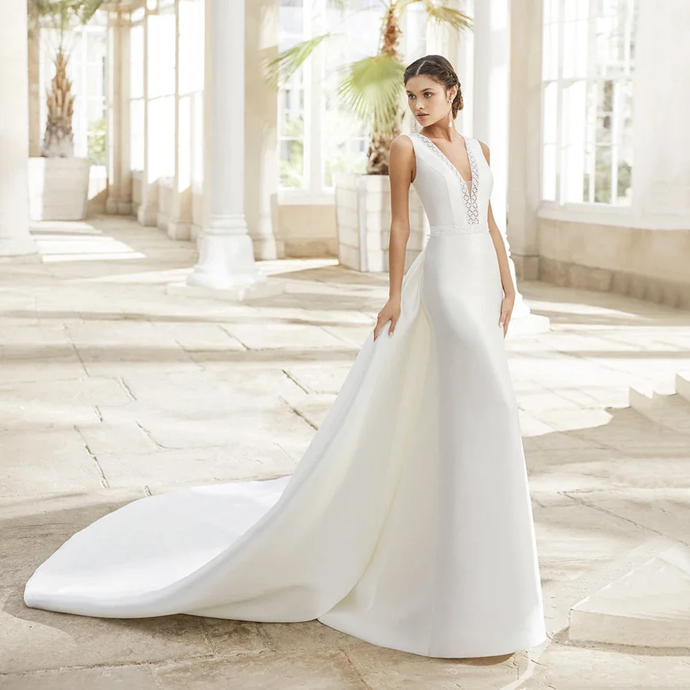 Vintage Mermaid Wedding Dresses Deep V-Neck Sleeveless Sweep Train Bride Dress Simple Lace Satin Bridal Gown Vestidos de novia
Vintage Mermaid Wedding Dresses Deep V-Neck Sleeveless Sweep Train Bride Dress Simple Lace Satin Bridal Gown Vestidos de novia
