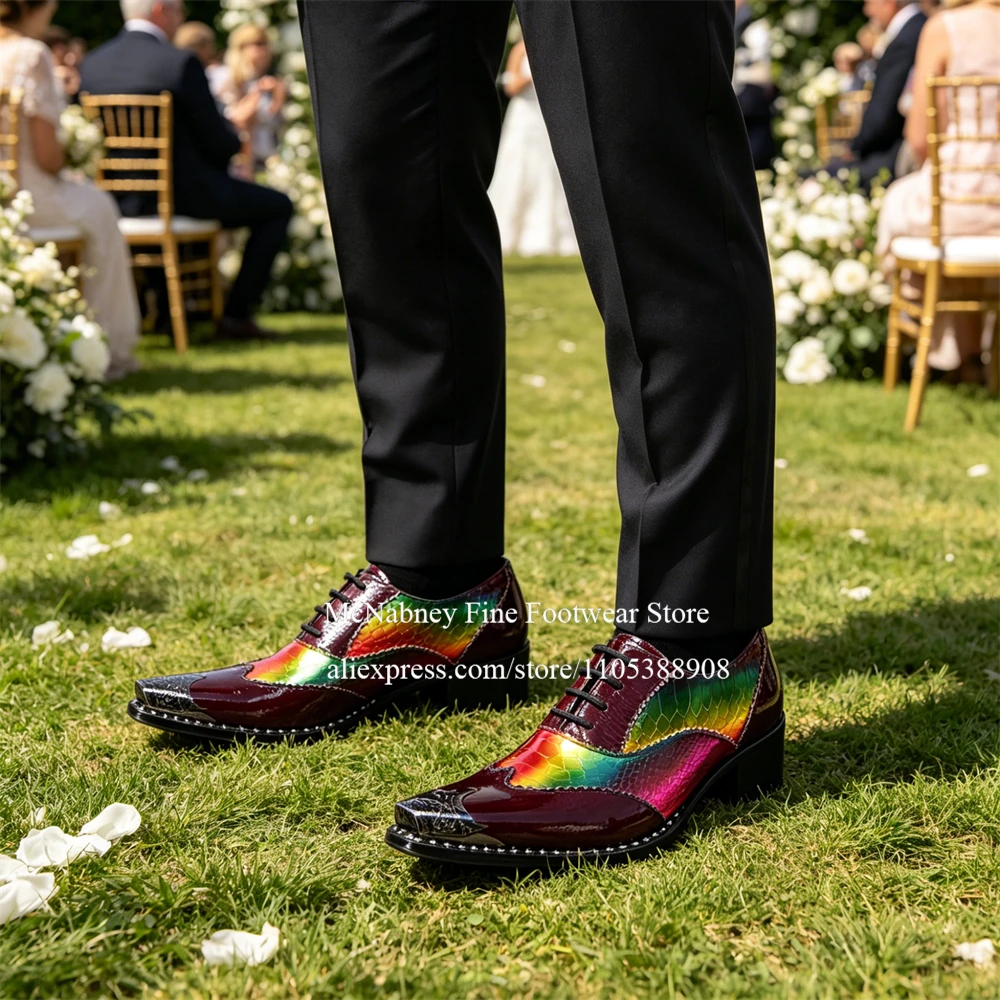 Burgundy Leather Rainbow Snake Print Oxfords Metal Pointed Toe Lace up Block Heel Handmade Men Dress Shoes Wedding Business
Burgundy Leather Rainbow Snake Print Oxfords Metal Pointed Toe Lace up Block Heel Handmade Men Dress Shoes Wedding Business