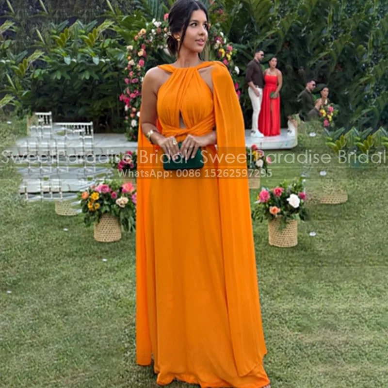 A LineLong Prom Dresses Cloak Cape Sleeves Customized Orange Chiffon Evening Dress Party For Women
A LineLong Prom Dresses Cloak Cape Sleeves Customized Orange Chiffon Evening Dress Party For Women