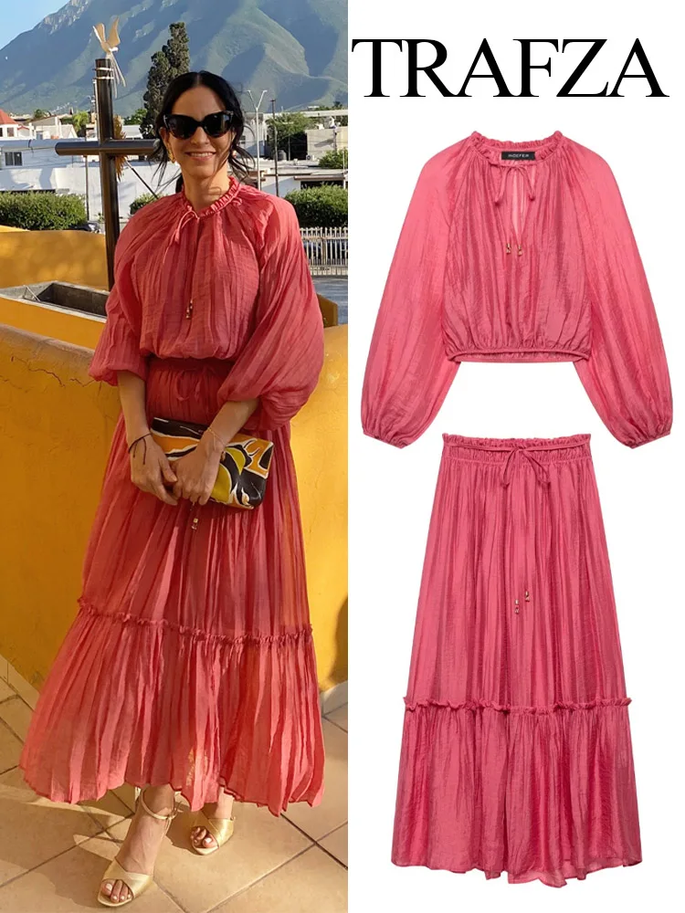 TRAFZA Women's Summer Skirt 2-Piece Set Fashion V-neck Wrinkle Effect Short Long Sleeve Top+High Waist Lace-up Casual Long Skirt
TRAFZA Women's Summer Skirt 2-Piece Set Fashion V-neck Wrinkle Effect Short Long Sleeve Top+High Waist Lace-up Casual Long Skirt