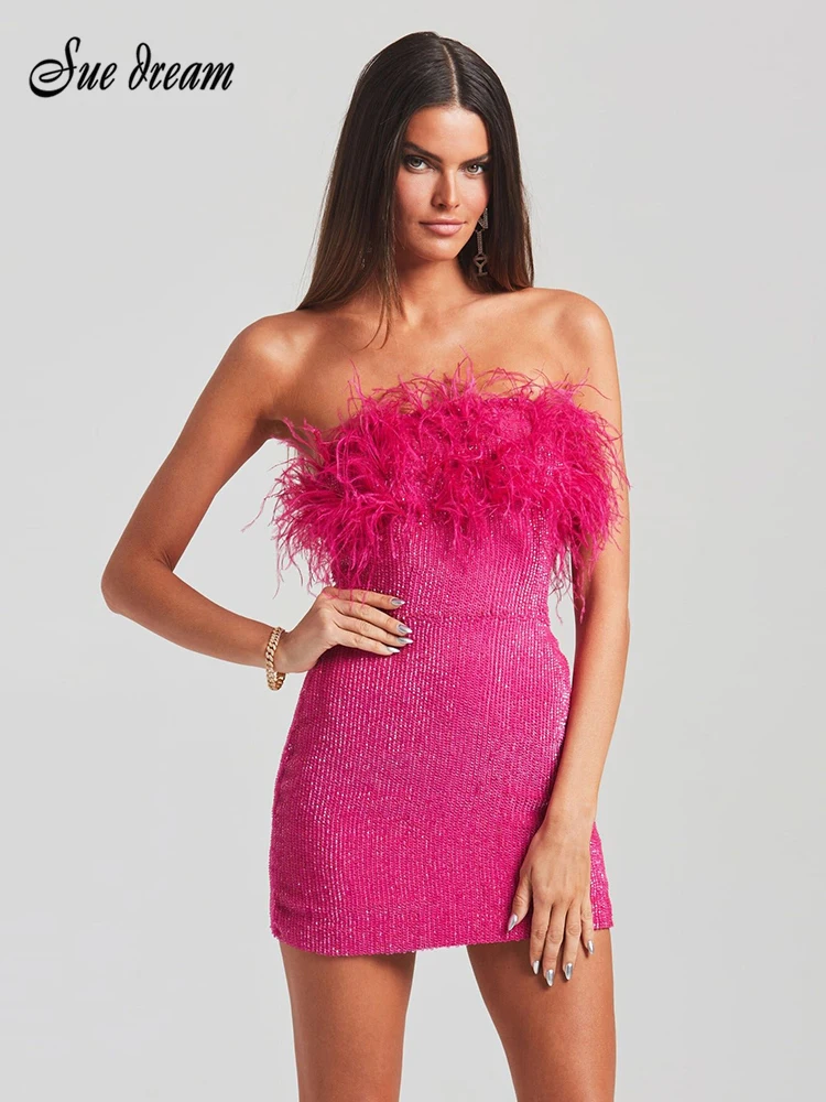 Sexy Strapless Backless Rose red Feather Sequined Mini Bodycon Dress 2022 Newest Women Summer Elegant Evening Party Club Dresses
Sexy Strapless Backless Rose red Feather Sequined Mini Bodycon Dress 2022 Newest Women Summer Elegant Evening Party Club Dresses