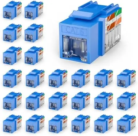 VCELINK 25-Pack Slim Cat6 Keystone Jacks – Blue, Dust-Proof, 90° Punch Down, RJ45 UTP Ethernet Jacks with Cover
VCELINK 25-Pack Slim Cat6 Keystone Jacks – Blue, Dust-Proof, 90° Punch Down, RJ45 UTP Ethernet Jacks with Cover