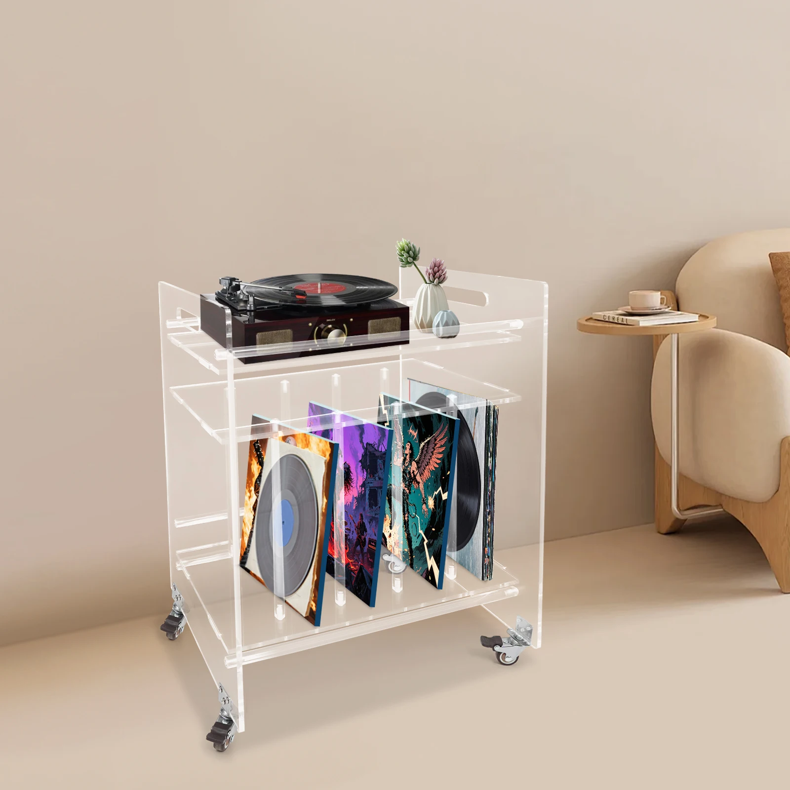 Magazine Rack, Acrylic CD Rack Trolley with Wheels 46x35x63cm, Rolling Storage Cart for Books Records Display Office Organizer
Magazine Rack, Acrylic CD Rack Trolley with Wheels 46x35x63cm, Rolling Storage Cart for Books Records Display Office Organizer