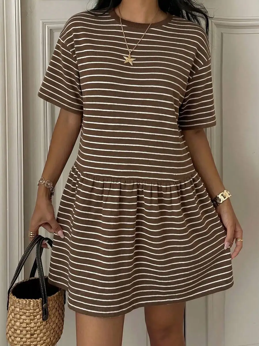 Brown And Cream Horizontal Stripe Knit A-Line Dress With Ruffled Hem, Short Sleeve Loose Fit Casual Summer Wear
Brown And Cream Horizontal Stripe Knit A-Line Dress With Ruffled Hem, Short Sleeve Loose Fit Casual Summer Wear