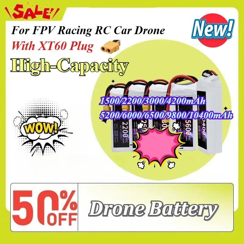 New 4S 14.8V 1500-10400mAh 45C/60C Drone Battery for FPV Racing RC Car Drone with XT60 Plug Drone Accessories
New 4S 14.8V 1500-10400mAh 45C/60C Drone Battery for FPV Racing RC Car Drone with XT60 Plug Drone Accessories