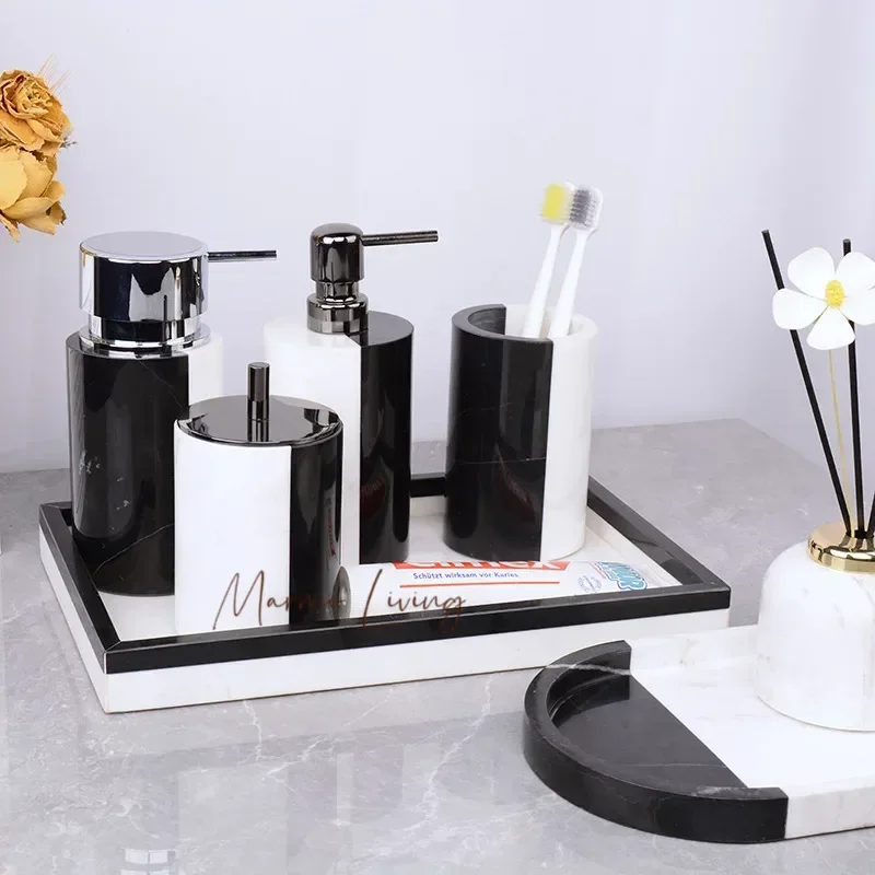 Black and White Natural Marble Set for Bathroom Soap Dispenser Cotton Swab Holder Toothbrush Holder Soap Dish Tray Bathroom Set
Black and White Natural Marble Set for Bathroom Soap Dispenser Cotton Swab Holder Toothbrush Holder Soap Dish Tray Bathroom Set