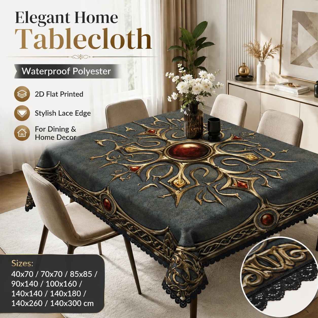 Vintage Gothic Luxury Tablecloth Waterproof Polyester 2D Flat Printed Lace Edge Table Cover for Dining Room Home Decor Elegant
Vintage Gothic Luxury Tablecloth Waterproof Polyester 2D Flat Printed Lace Edge Table Cover for Dining Room Home Decor Elegant