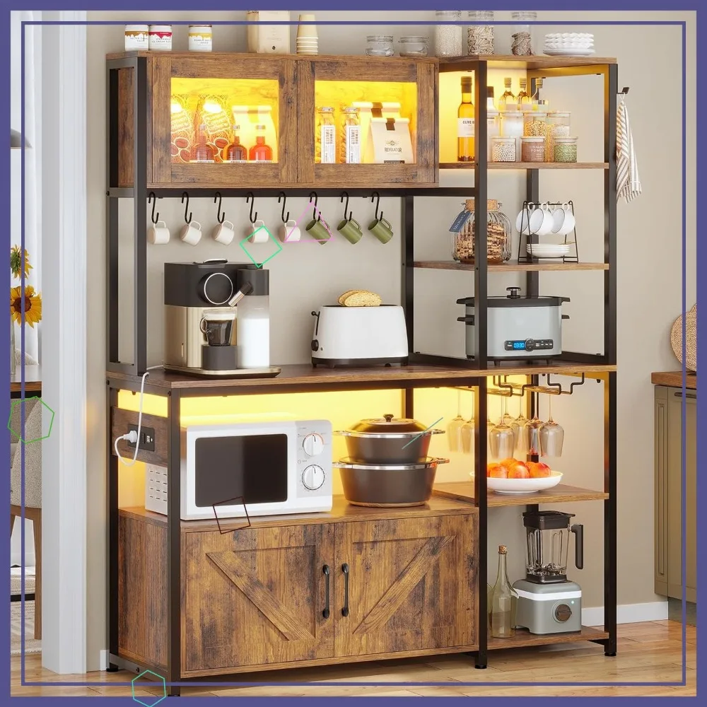 Farmhouse Coffee Bar Cabinet with Power Outlet, LED Light, Storage & Hooks - Rustic Brown
Farmhouse Coffee Bar Cabinet with Power Outlet, LED Light, Storage & Hooks - Rustic Brown