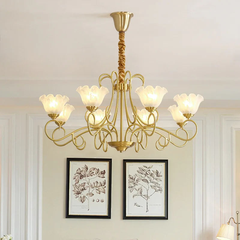 American rural retro living room lamps European modern simple glass study dining room atmosphere villa all copper chandelier
American rural retro living room lamps European modern simple glass study dining room atmosphere villa all copper chandelier