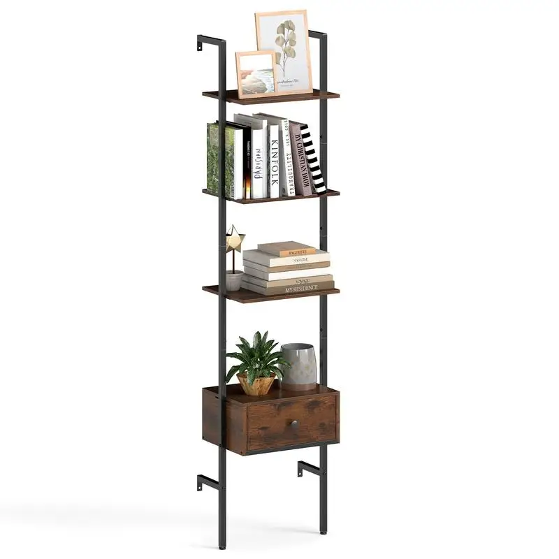 5-Tier Ladder Bookcase with Drawer and Metal Frame for Study Home Office-Rustic Brown
5-Tier Ladder Bookcase with Drawer and Metal Frame for Study Home Office-Rustic Brown