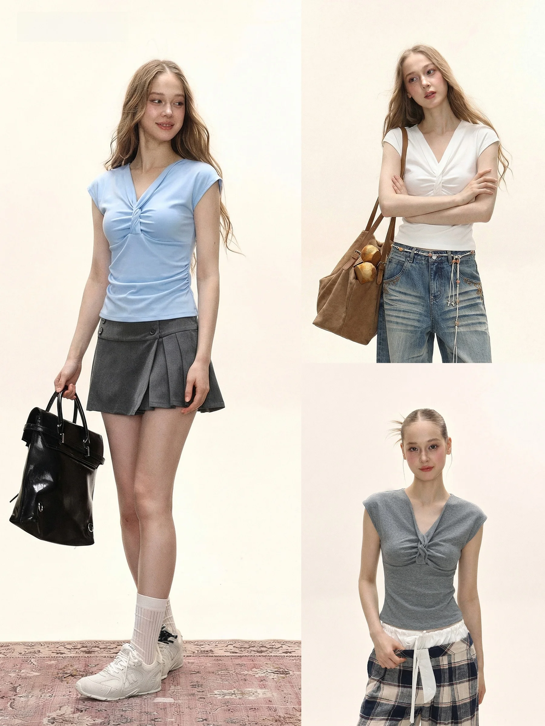 Slim Fit V-Neck Short Sleeve T-Shirt Women's Summer American Hot Girl Style Button Waist Cinching Slimming Effect Top
Slim Fit V-Neck Short Sleeve T-Shirt Women's Summer American Hot Girl Style Button Waist Cinching Slimming Effect Top
