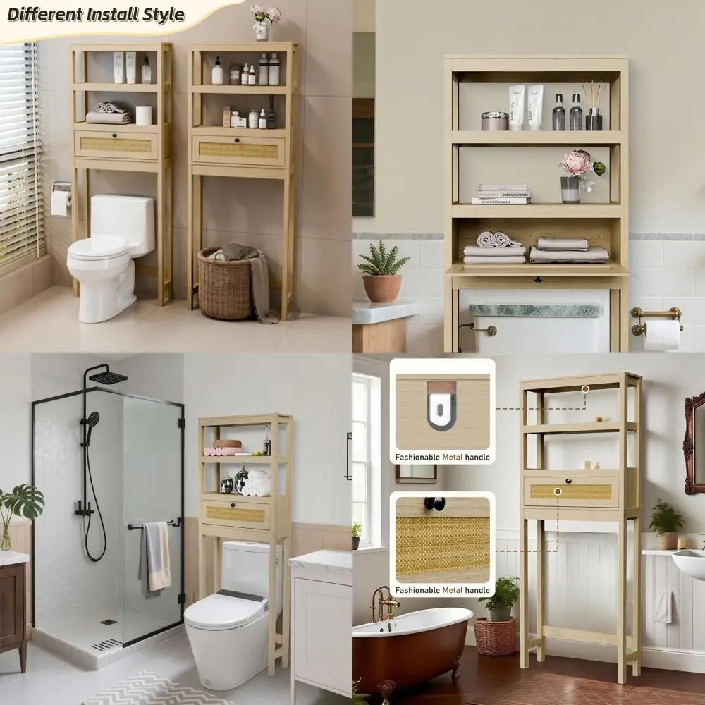 3-Tier Wooden Over Toilet Storage Cabinet with Rattan Door for Space-Saving Bathroom Organization
3-Tier Wooden Over Toilet Storage Cabinet with Rattan Door for Space-Saving Bathroom Organization