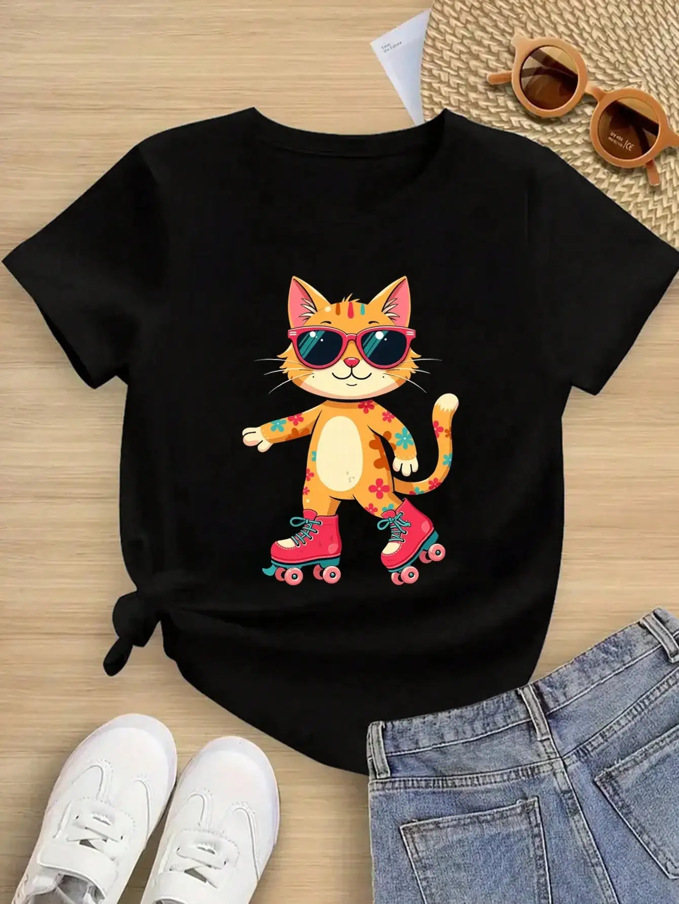 Boys/Girls Summer Cat Theme Cotton Graphic Tees, Black Casual Summer Tops With Roller Skating Cat
Boys/Girls Summer Cat Theme Cotton Graphic Tees, Black Casual Summer Tops With Roller Skating Cat