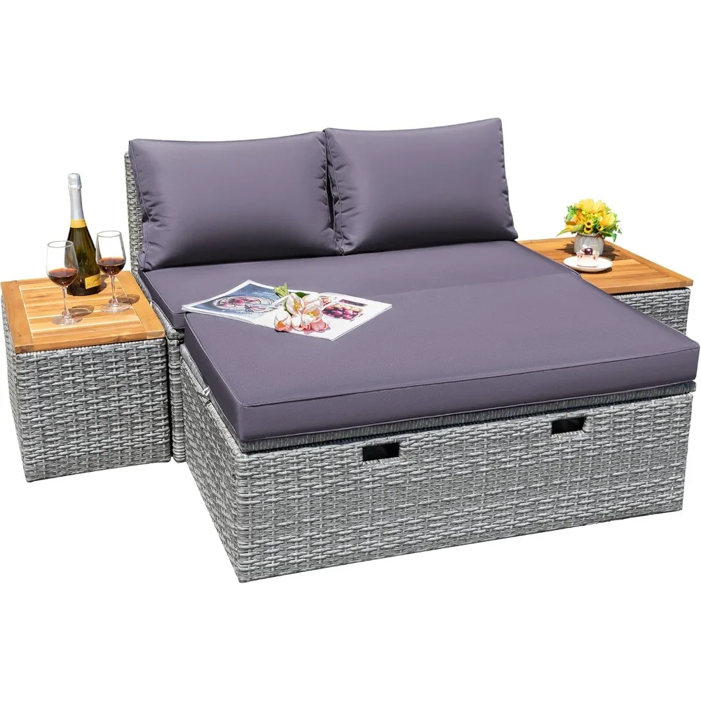 Multifunctional Outdoor Sectional Sofa, Rattan Chaise Lounge Wicker Daybed, Couch, Cushions, Storage Ottoman, 2 Side Tables
Multifunctional Outdoor Sectional Sofa, Rattan Chaise Lounge Wicker Daybed, Couch, Cushions, Storage Ottoman, 2 Side Tables