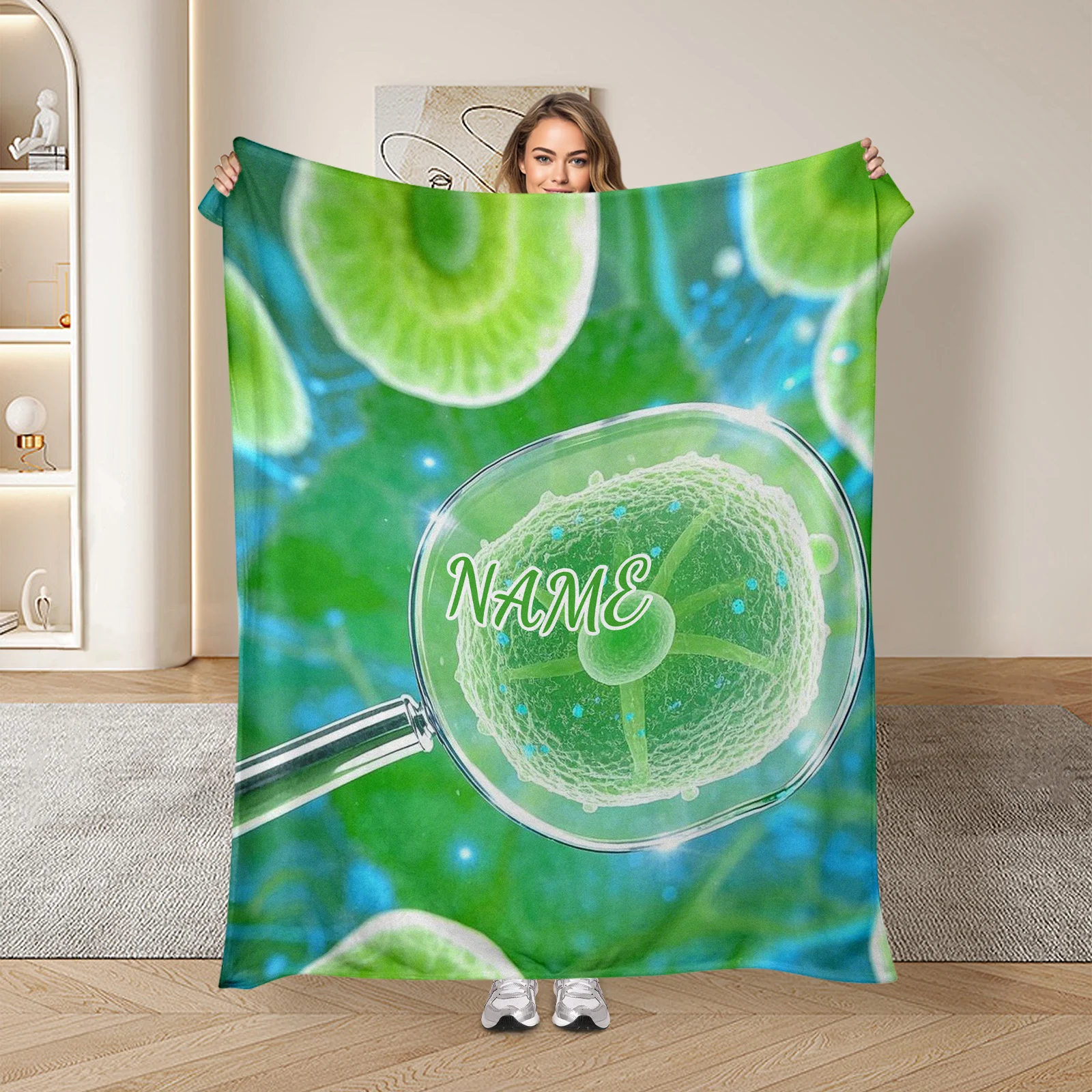 Dreamy Flannel Blanket For Loved Ones Featuring Plant And Cell Patterns And One Customizable Text
Dreamy Flannel Blanket For Loved Ones Featuring Plant And Cell Patterns And One Customizable Text