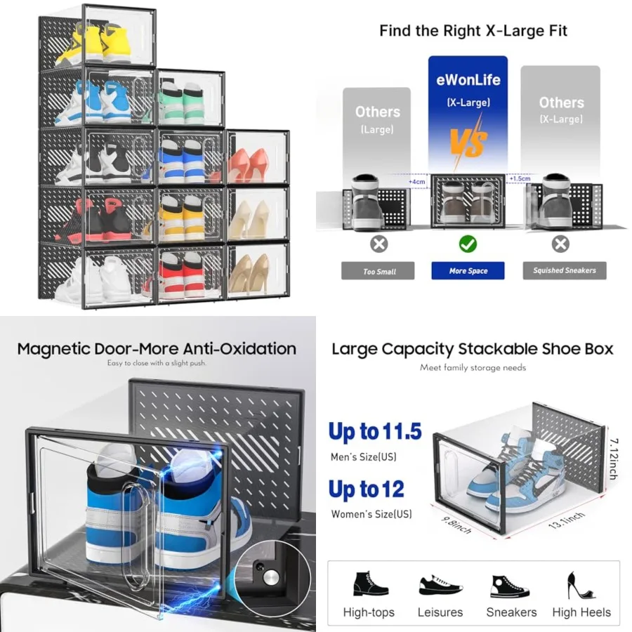 X-Large Shoe Boxes with Magnetic Door, 12-Pack Stackable Shoes Storage Organizer for Closet, Clear Plastic Sneaker Container Shoe Rack for Size 12, Black
X-Large Shoe Boxes with Magnetic Door, 12-Pack Stackable Shoes Storage Organizer for Closet, Clear Plastic Sneaker Container Shoe Rack for Size 12, Black