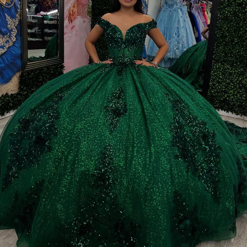 Blackish Green Shiny Quinceanera Dresses Ball Gown Off Shoulder Applique Lace Beads Tull Sweet 16 Dress Vestidos 15 De Anos
Blackish Green Shiny Quinceanera Dresses Ball Gown Off Shoulder Applique Lace Beads Tull Sweet 16 Dress Vestidos 15 De Anos