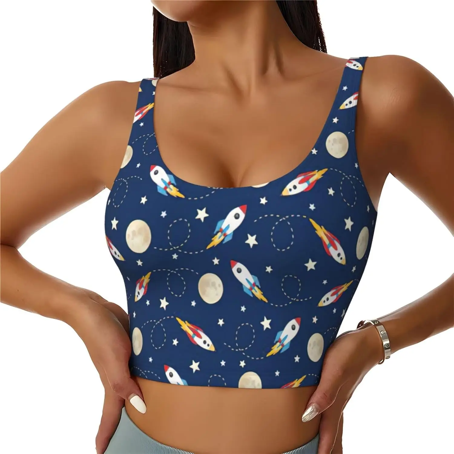 Women's Rocket in Space Print Sports Tank Top,Lightweight Yoga Vest with Removable Padding
Women's Rocket in Space Print Sports Tank Top,Lightweight Yoga Vest with Removable Padding