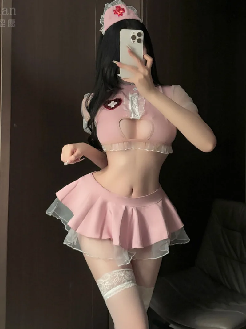 Sexy Nurse Set Lace Splicing Hollow Out Perspective Fashion Cute Outfits For Women Jk Uniform Pink Skirt Short Sleeve Suit I1OC
Sexy Nurse Set Lace Splicing Hollow Out Perspective Fashion Cute Outfits For Women Jk Uniform Pink Skirt Short Sleeve Suit I1OC