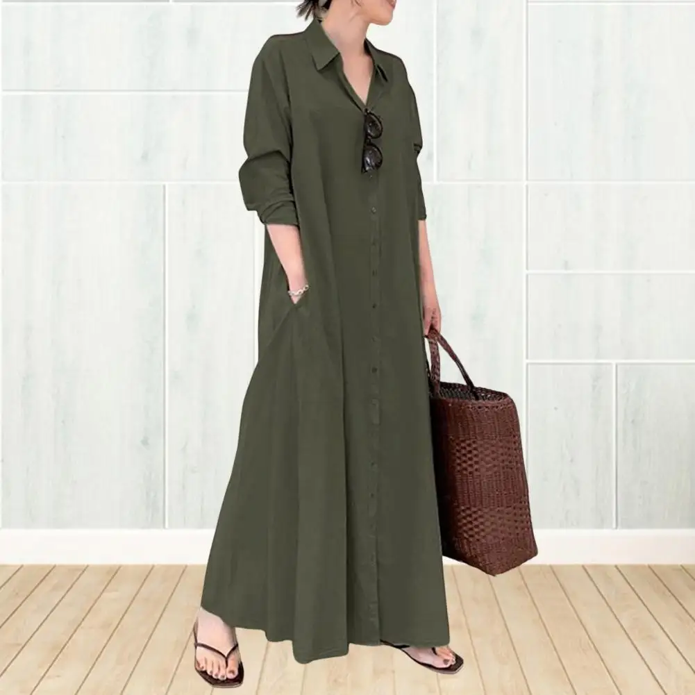 Women Spring Dress Turn-down Collar Loose Single-breasted Long Sleeve Pure Color Buttons Pockets Shirt Type Ankle Length Fall Da
Women Spring Dress Turn-down Collar Loose Single-breasted Long Sleeve Pure Color Buttons Pockets Shirt Type Ankle Length Fall Da