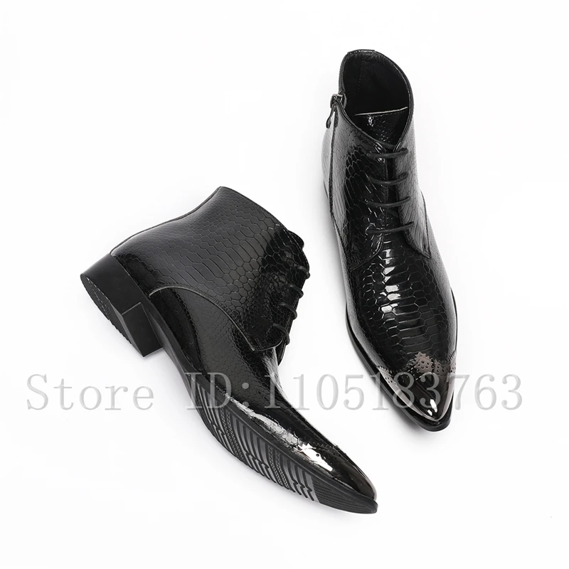 Black Patent Leather Snake Print Ankle Boots Metal Pointed Toe Lace-Up Dress Booties with Side Zipper Men Luxury Formal Shoes
Black Patent Leather Snake Print Ankle Boots Metal Pointed Toe Lace-Up Dress Booties with Side Zipper Men Luxury Formal Shoes