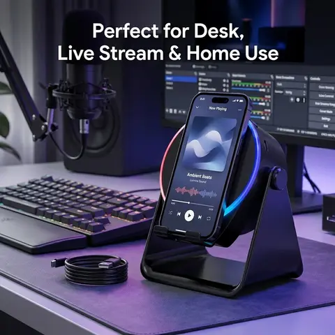 Smart Induction Speaker Phone Stand, No Pairing Needed Instant Audio Amplifier, 4-in-1 Desktop Dock with RGB Ambient Light & Adjustable Holder for Home Office