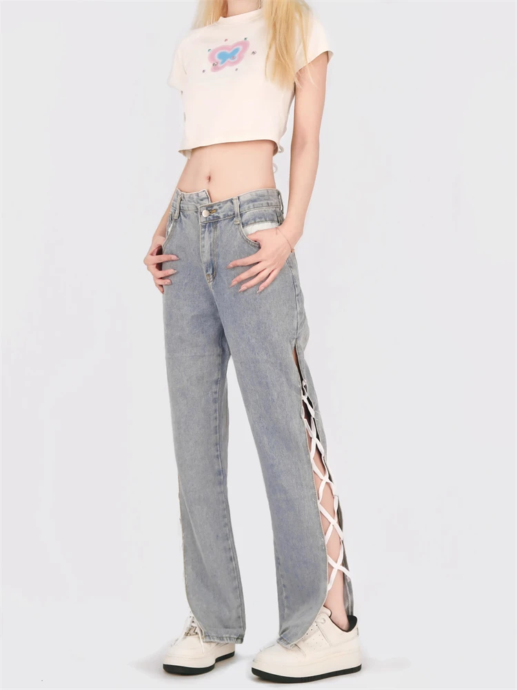 Women's Side Hollow Strap Design Straight Blue Thin Jeans Young Girl Casual Bottoms Female High Waist Wide-leg Trousers
Women's Side Hollow Strap Design Straight Blue Thin Jeans Young Girl Casual Bottoms Female High Waist Wide-leg Trousers