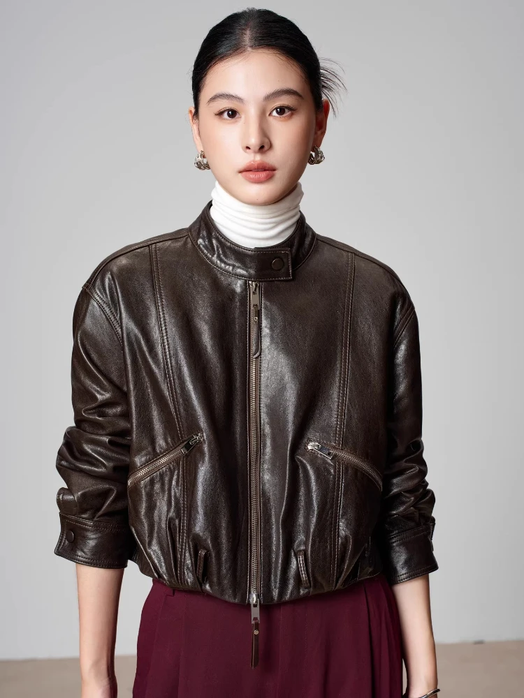 Vintage Short Genuine Leather Motorcycle Jacket for Women Spring Autumn High-end Simple Stand Collar Oil Wax Real Sheepskin Coat
Vintage Short Genuine Leather Motorcycle Jacket for Women Spring Autumn High-end Simple Stand Collar Oil Wax Real Sheepskin Coat