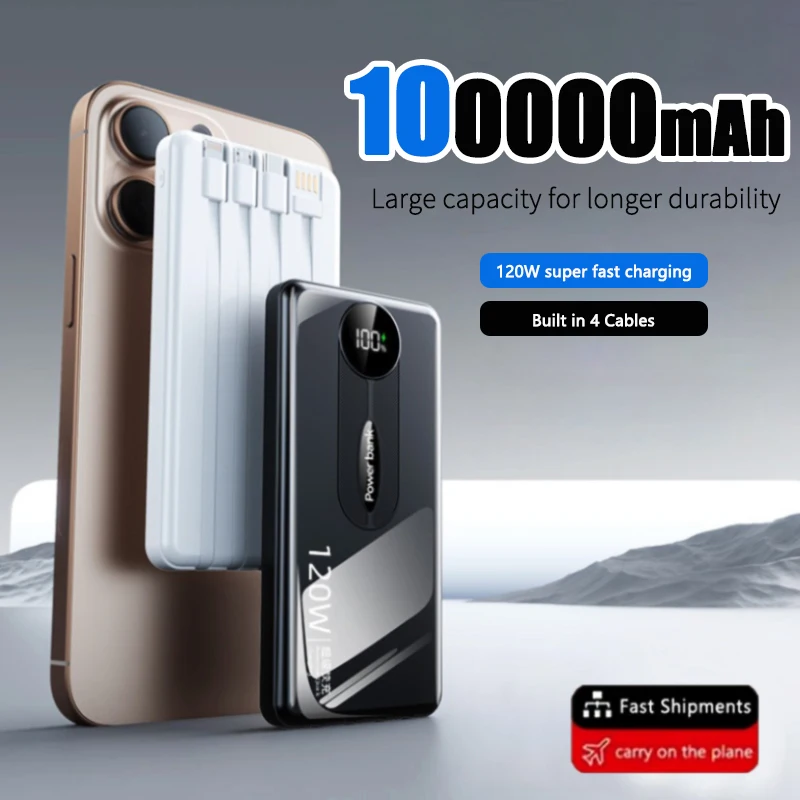 100000mAh Super Power Bank with 4 Built-in120W Fast Charging Cables For iPhone Samsung Xiaomi
100000mAh Super Power Bank with 4 Built-in120W Fast Charging Cables For iPhone Samsung Xiaomi