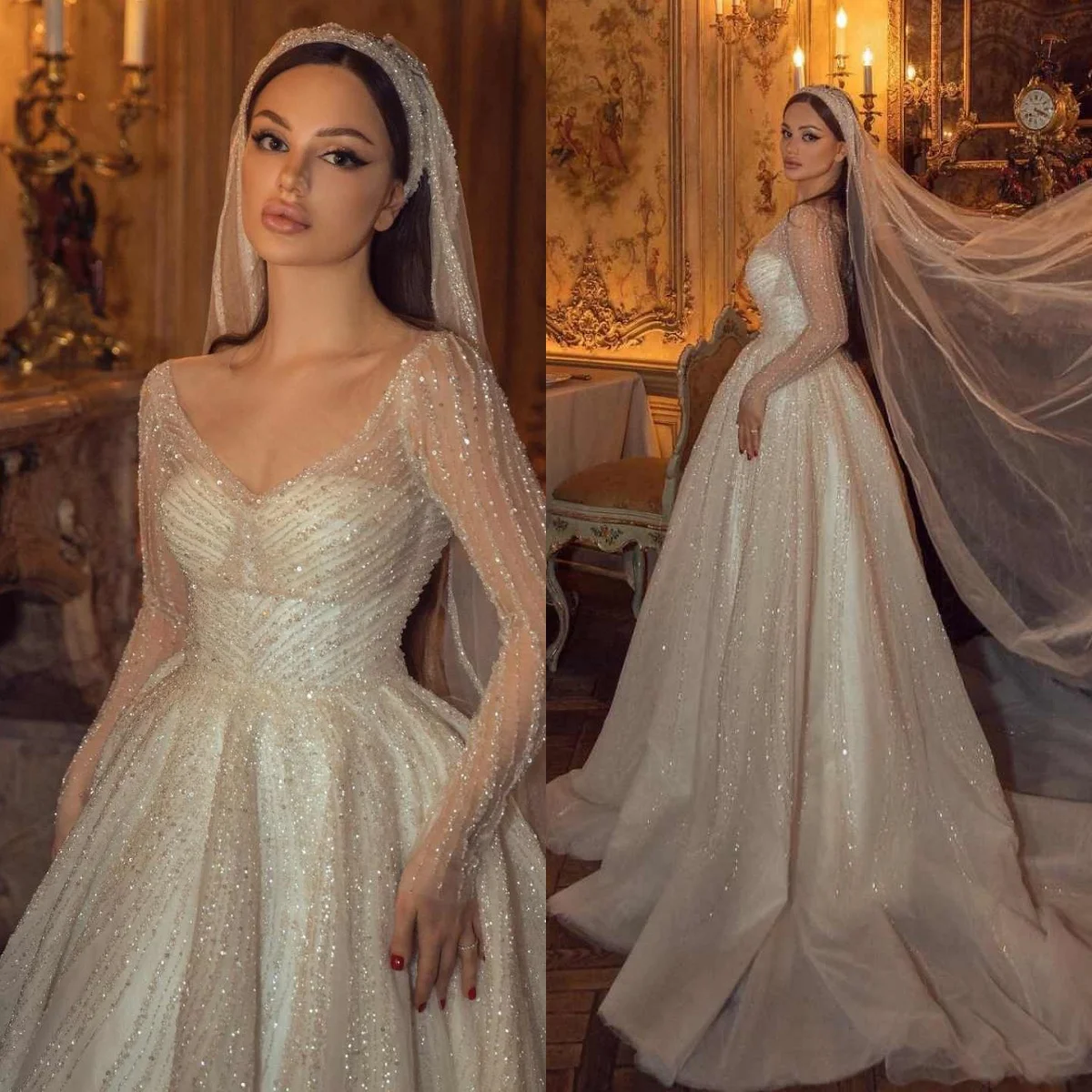 Glitter A Line Bridal Gowns V Neck Long Sleeve Sweep Train Wedding Dresses Sequins Customized Vestido De Novia
Glitter A Line Bridal Gowns V Neck Long Sleeve Sweep Train Wedding Dresses Sequins Customized Vestido De Novia