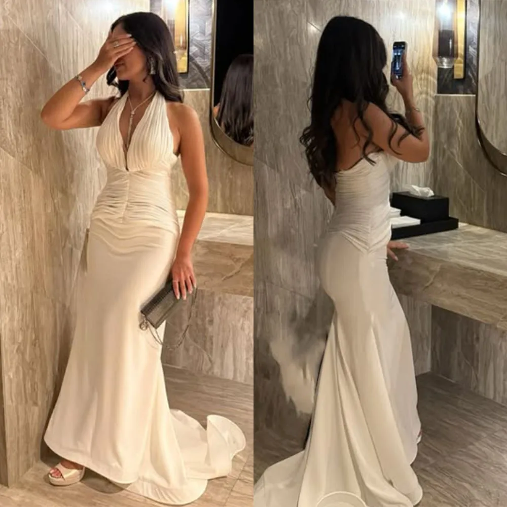 High Quality Customized Sleeveless Floor Length Court Train Pleat V-neck Halter Robe De Soirée Femmes Chic Mariage Dress Women
High Quality Customized Sleeveless Floor Length Court Train Pleat V-neck Halter Robe De Soirée Femmes Chic Mariage Dress Women