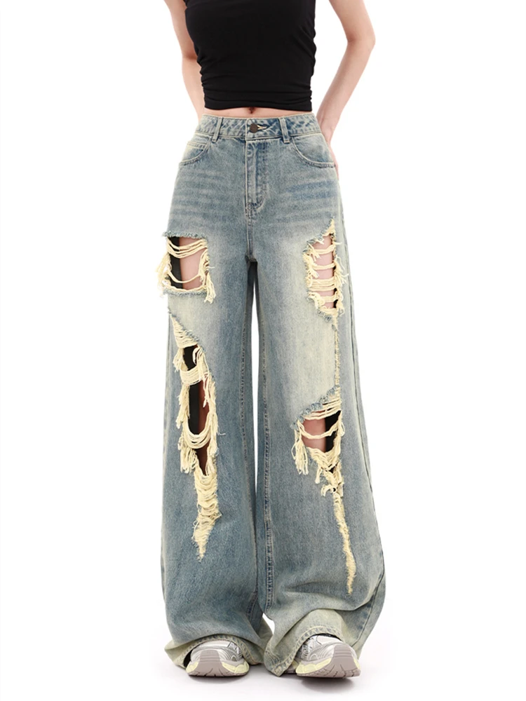 Женские винтажные прямые джинсы с рваными дырками и градиентом, крутые потертые джинсовые брюки для девочек, повседневные брюки, женские уличные брюки 
Женские винтажные прямые джинсы с рваными дырками и градиентом, крутые потертые джинсовые брюки для девочек, повседневные брюки, женские уличные брюки