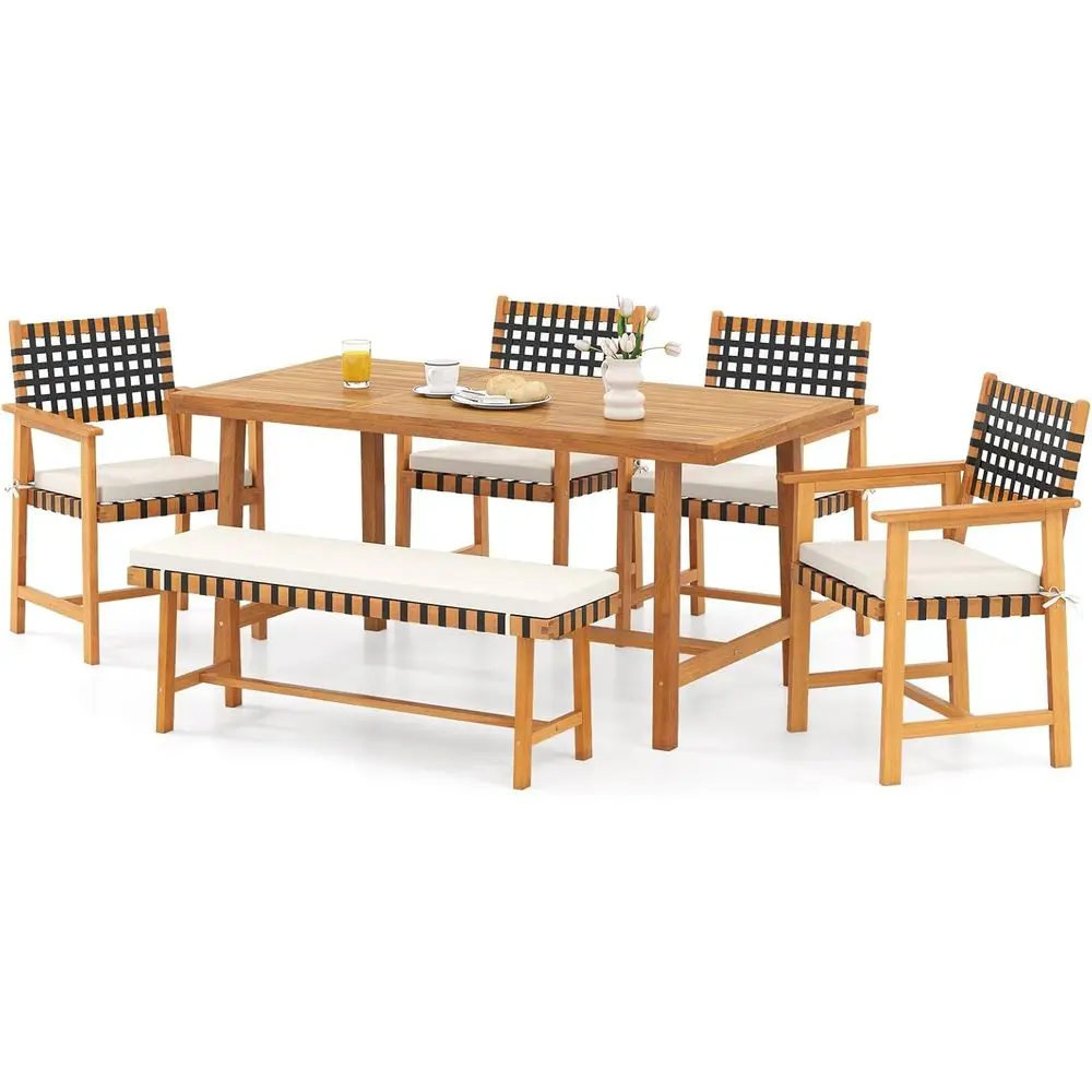 6-Piece Outdoor Dining Set with Acacia Wood Table, Bench, and 4 Cushioned Chairs for 5-6 People
6-Piece Outdoor Dining Set with Acacia Wood Table, Bench, and 4 Cushioned Chairs for 5-6 People
